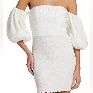 NEW L’idee Strapless White Puff Sleeve Smocked Mini Dress